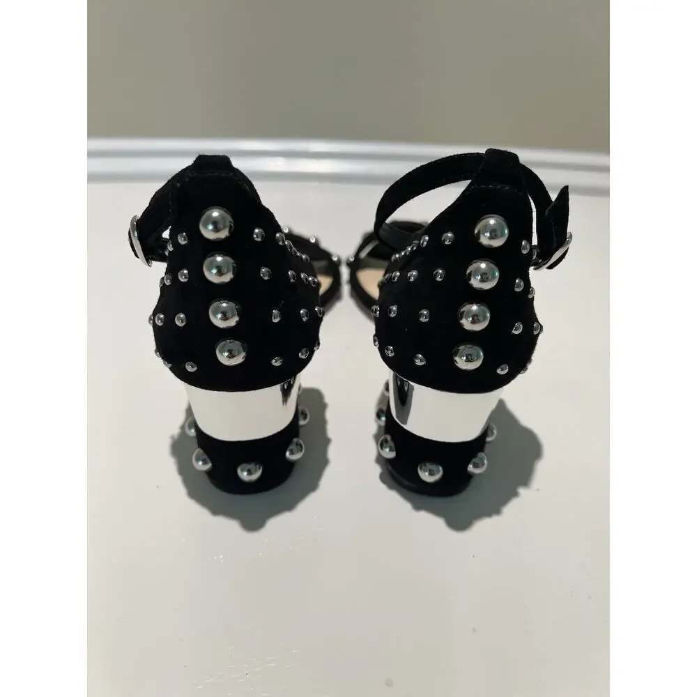 Isa Tapia Suede Black Studded Sandals Block Heels Eur Size 38.5